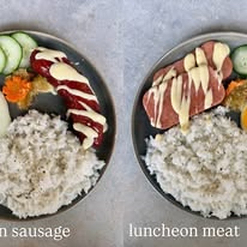 Rice meals with sausage and luncheon meat